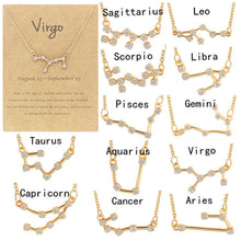 Load image into Gallery viewer, 12 Zodiac Signs With Diamonds Necklace Card Rhinestones Collarbone Chain Pendant, Scorpio Golden, Sagittarius Golden, Capricorn Golden, Taurus Golden, Pisces Golden, Leo Golden, Libra Golden, Cancer Golden, Aquarius Golden, Virgo Golden, Aries Golden  ...