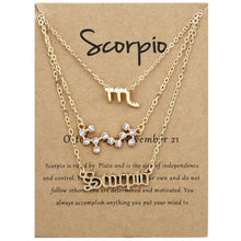 Load image into Gallery viewer, 3 In 1 12 Zodiac Signs Necklace Set Retro Alphabet Symbols With Diamonds Jewelry Set, Scorpion Golden, Sagittarius Golden, Capricorn Golden, Taurus Golden, Pisces Golden, Leo Golden, Libra Golden, Cancer Golden, Aquarius Golden, Virgo Golden, Aries Gol...