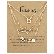 Load image into Gallery viewer, 3 In 1 12 Zodiac Signs Necklace Set Retro Alphabet Symbols With Diamonds Jewelry Set, Scorpion Golden, Sagittarius Golden, Capricorn Golden, Taurus Golden, Pisces Golden, Leo Golden, Libra Golden, Cancer Golden, Aquarius Golden, Virgo Golden, Aries Gol...