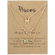 Load image into Gallery viewer, 3 In 1 12 Zodiac Signs Necklace Set Retro Alphabet Symbols With Diamonds Jewelry Set, Scorpion Golden, Sagittarius Golden, Capricorn Golden, Taurus Golden, Pisces Golden, Leo Golden, Libra Golden, Cancer Golden, Aquarius Golden, Virgo Golden, Aries Gol...