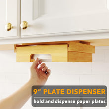 Load image into Gallery viewer, 9-inch Paper Plate Dispenser Under Cabinet Bamboo Plates Holder Kitchen Storage Rack, 24 x 26.5 x 6.5