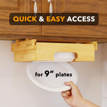 Load image into Gallery viewer, 9-inch Paper Plate Dispenser Under Cabinet Bamboo Plates Holder Kitchen Storage Rack, 24 x 26.5 x 6.5