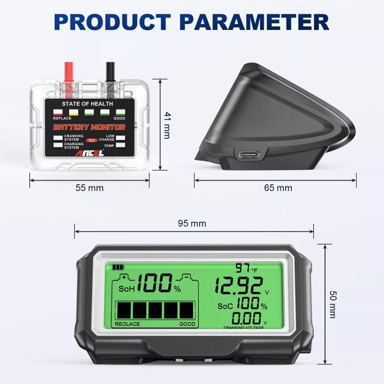 ANCEL 12V LED Car Battery Tester SOH/SOC Rechargeable Battery Analysis Tool, BM200 PRO