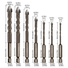 Load image into Gallery viewer, Hexagonal Shank Spiral Flute Cross Alloy Drill Bits Glass Tile Four Edge Drivers, 3mm, 4mm, 5mm, 6mm, 8mm, 10mm, 12mm