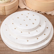 Load image into Gallery viewer, 100pcs Food Grade Disposable Round Non-stick Steamer Paper Perforated Buns Steamer Pads, 7.6cm, 8.89cm, 10.16cm, 11.4cm, 12.7cm, 14cm, 16.5cm
