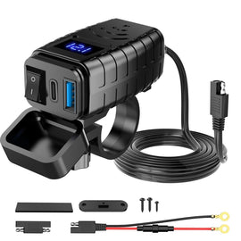 PD3.0 Motorcycle USB Mobile Phone Charger Digital Voltage Meter with Switch, Blue Screen, Red Screen, Green Screen