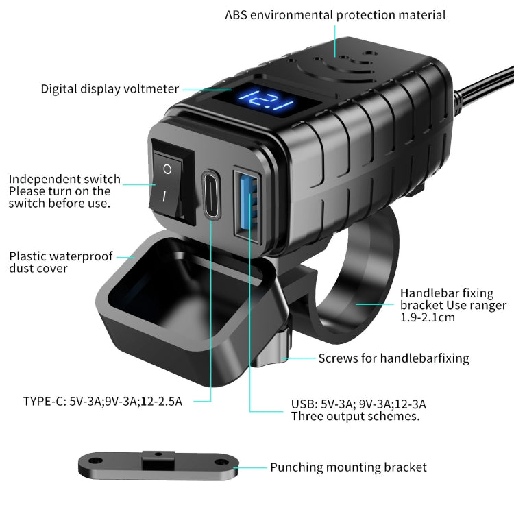 PD3.0 Motorcycle USB Mobile Phone Charger Digital Voltage Meter with Switch, Blue Screen, Red Screen, Green Screen