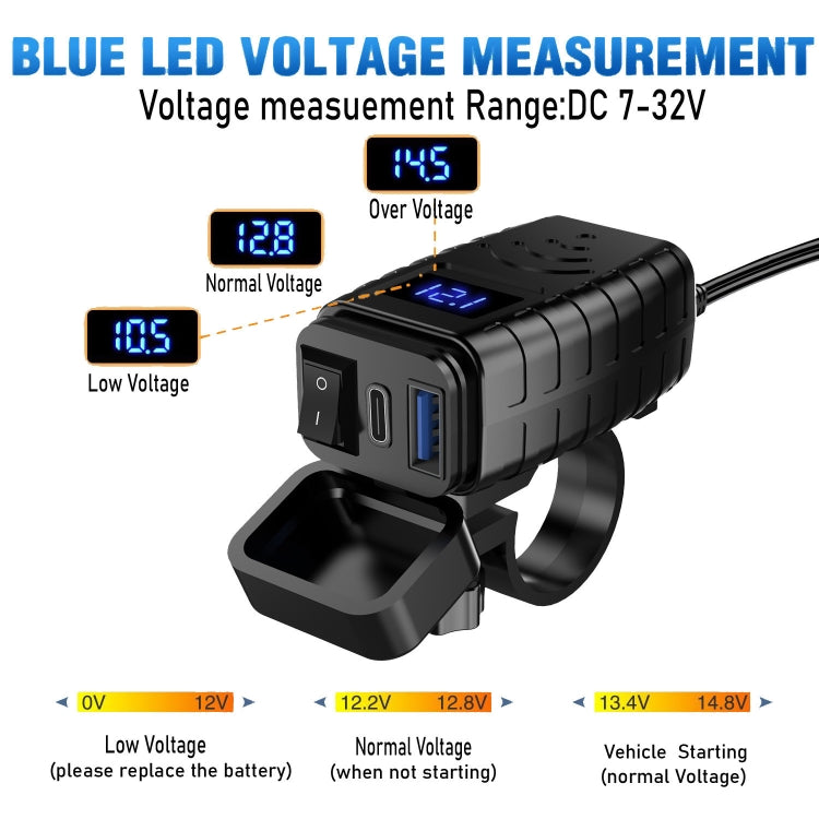 PD3.0 Motorcycle USB Mobile Phone Charger Digital Voltage Meter with Switch, Blue Screen, Red Screen, Green Screen