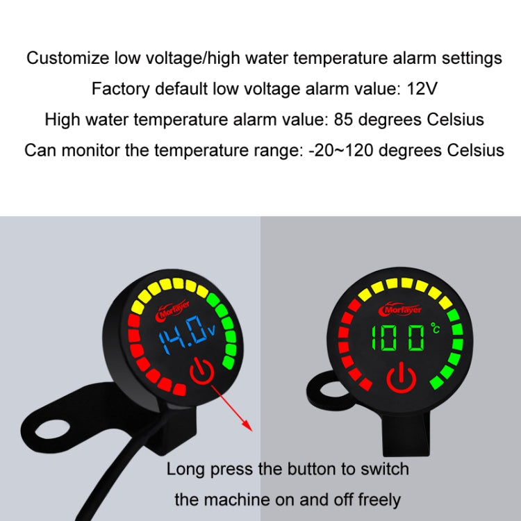 Morfayer Motorcycle Dual Display Intelligent Alarm Power Meter, Voltmeter, Water Temperature Meter, Voltmeter+Water Temperature Meter