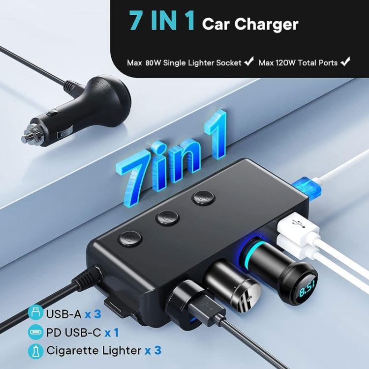 QC3.0/PD Fast Charging 7 In 1 Car Cigarette Lighter With Display, TR30P