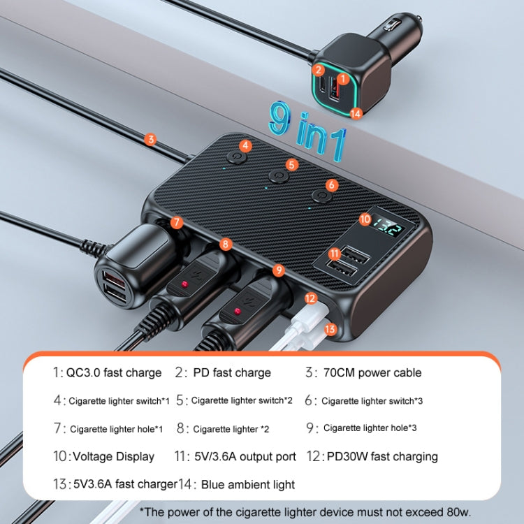 C29 9 In 1 Car Cigarette Lighter Powerful Fast Charger With Voltage Display, C29