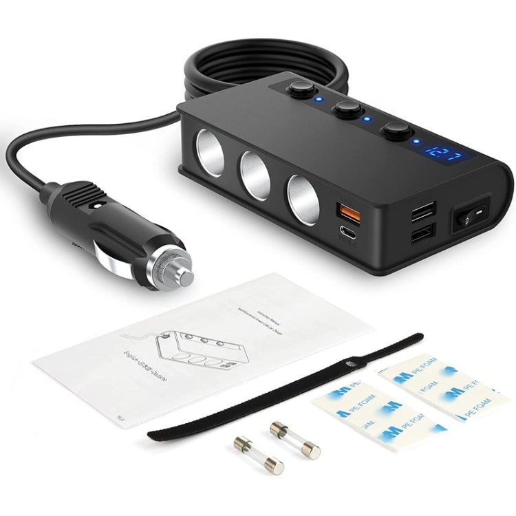 TR24 Car Cigarette Lighter One To Three With Switch 180W High Power Fast Charger, TR24(Black PD Version)