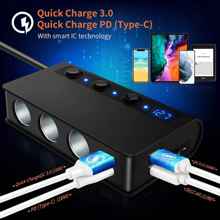 TR24 Car Cigarette Lighter One To Three With Switch 180W High Power Fast Charger, TR24(Black PD Version)