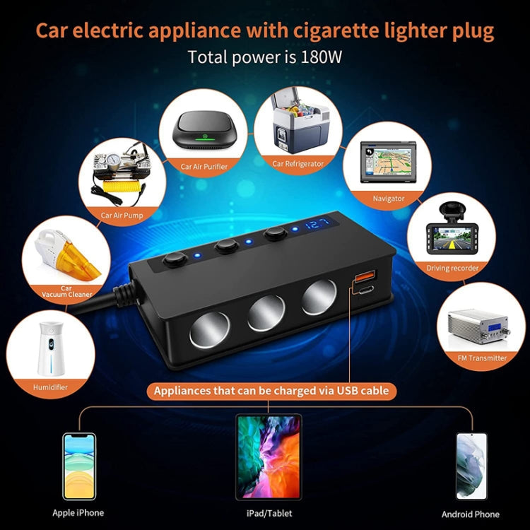 TR24 Car Cigarette Lighter One To Three With Switch 180W High Power Fast Charger, TR24(Black PD Version)