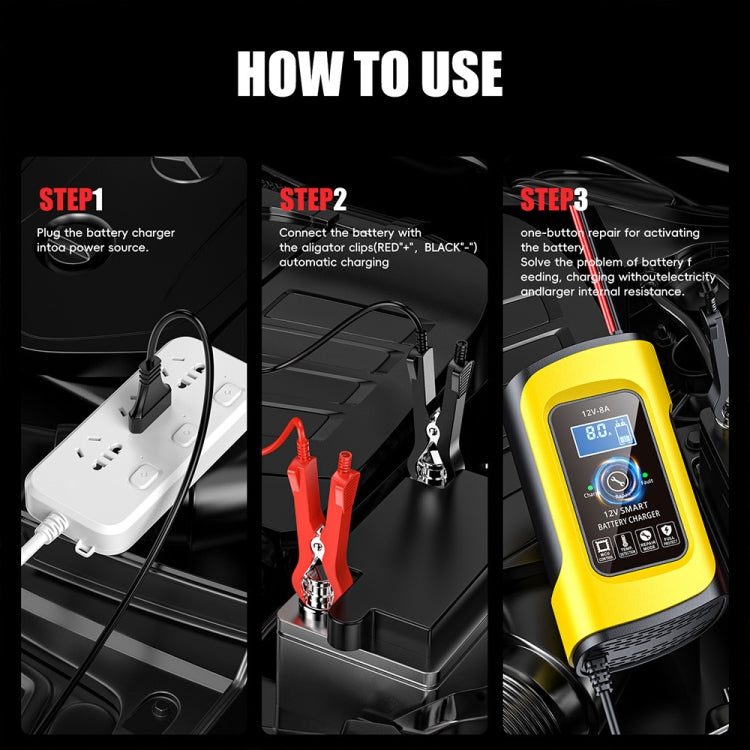 FOXSUR 12V8A SUV Car Motorcycle Intelligent Repair Type Lead-acid Battery Charger, EU Plug, US Plug, UK Plug