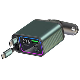 Dual Retractable Cable Auto Stowage Running Ambient Light Voltage Display Car Charger, Type-C+Type-C, Type-C+8 Pin
