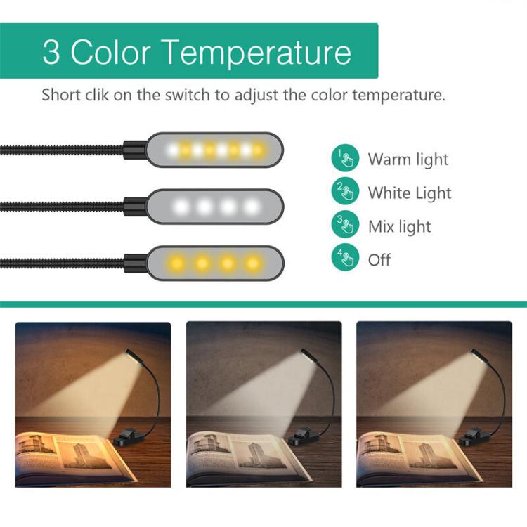 Hose Clip Book Light Night Reading Lamp Adjustable Brightness USB Rechargeable Book Clip Lights