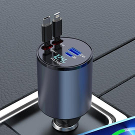 100W Metal Car Retractable Cable Cigarette Lighter Charger, 8 Pin+TYPE-C, 8 Pin+8 Pin (2.4A), TYPE-C+TYPE-C (PD+QC)