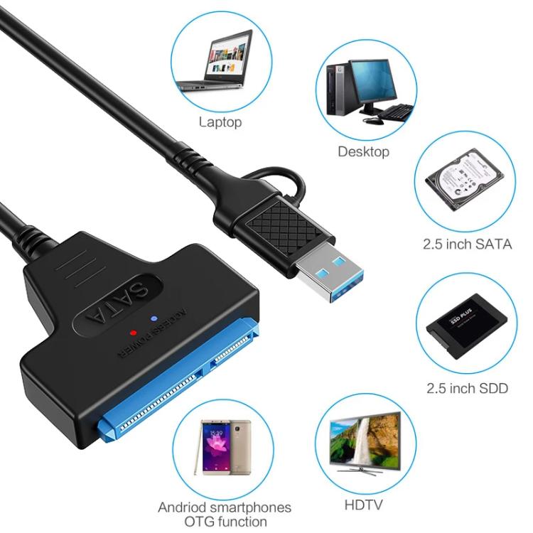 USB 3.0/USB-C to SATA 22-Pin Adapter Cable for 2.5-inch Laptop HDD/SSD, 25cm