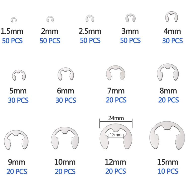 400pcs /Set 1.5-15mm Stainless Steel E-Type Open Circlips Boxed, 400pcs /Set
