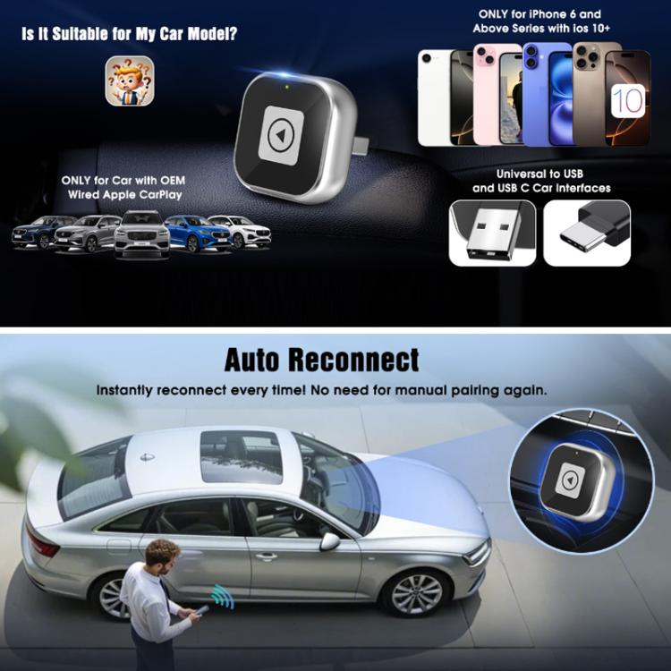Wired To wireless CarPlay Adapter For Car Connectivity, Mini Square