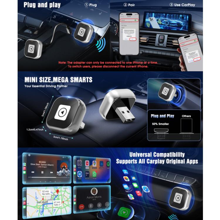 Wired To wireless CarPlay Adapter For Car Connectivity, Mini Square