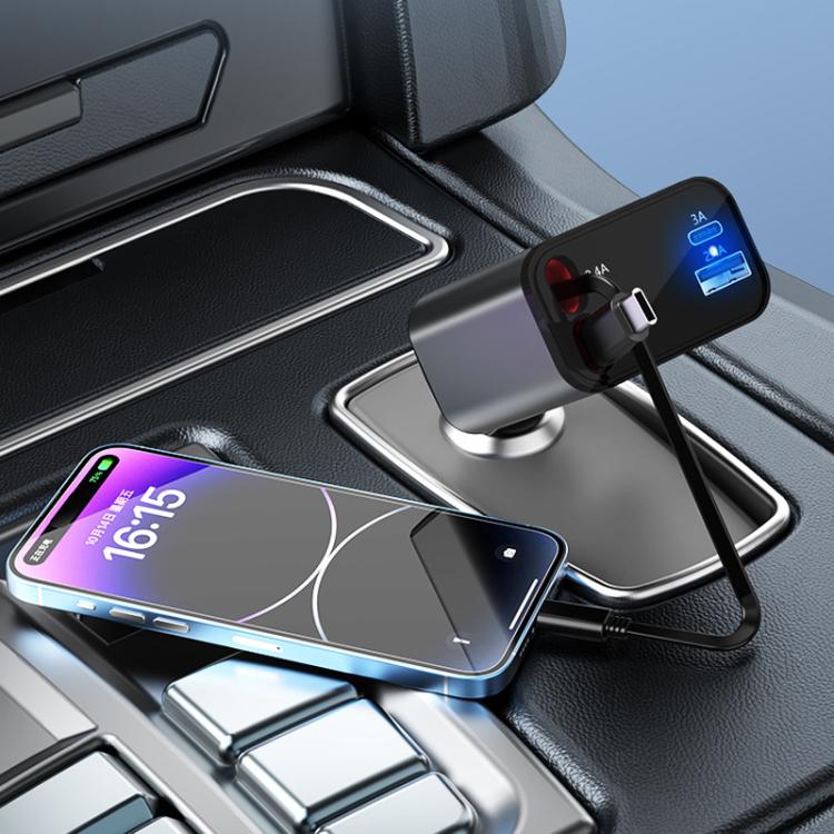 PD30W Car Charger With Retractable Cable, TYPE-C+8 Pin, TYPE-C+TYPE-C, 8 Pin+8 Pin