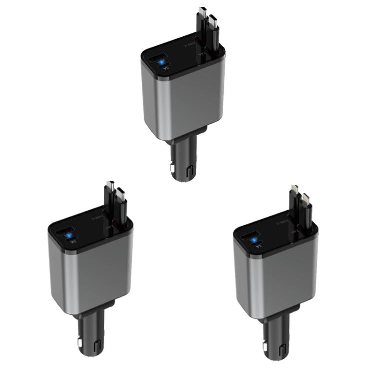 PD30W Car Charger With Retractable Cable, TYPE-C+8 Pin, TYPE-C+TYPE-C, 8 Pin+8 Pin