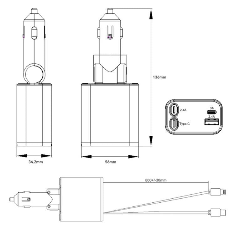 PD30W Car Charger With Retractable Cable, TYPE-C+8 Pin, TYPE-C+TYPE-C, 8 Pin+8 Pin