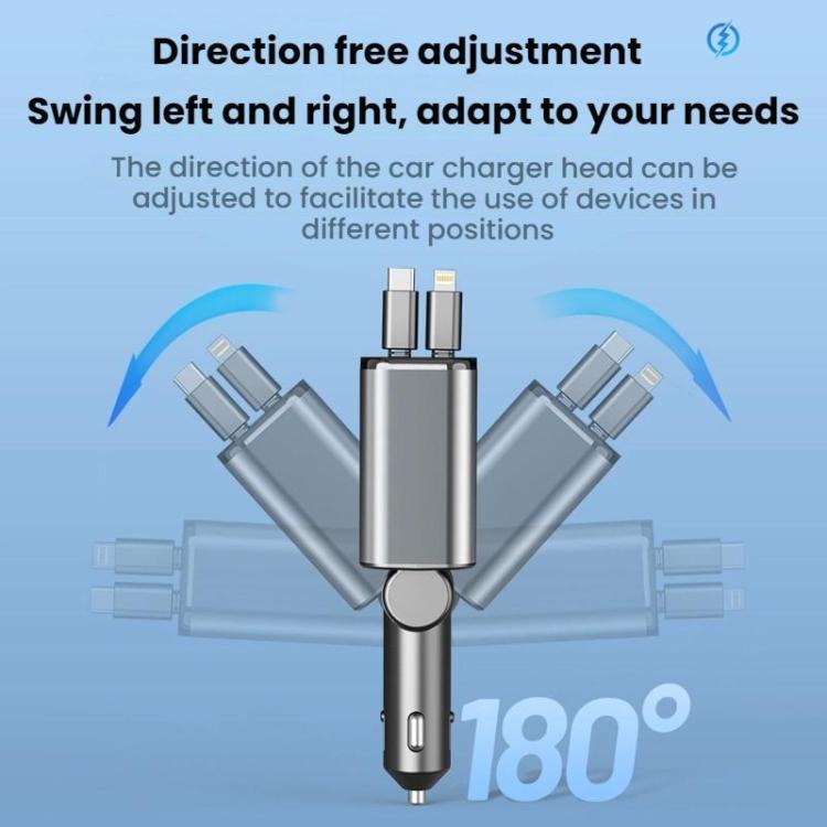 PD30W Car Charger With Retractable Cable, TYPE-C+8 Pin, TYPE-C+TYPE-C, 8 Pin+8 Pin