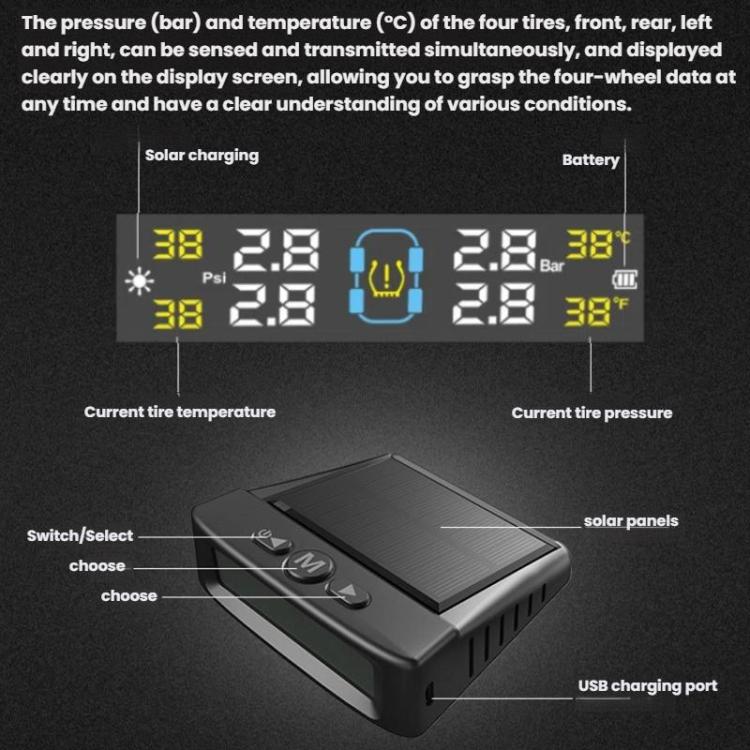 Automotive TPMS Four-Tire Pressure Monitor, Beep Sound Version External Sensor, Voice Version External Sensor, Beep Sound Version Internal Sensor, Voice Version Internal Sensor