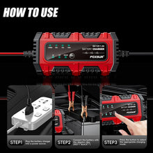 Load image into Gallery viewer, FOXSUR Smart 6V/12V 1.5A Battery Charger 4AH-30AH Lead Acid Battery Maintainer For Motorcycle/Car/ATV, EU Plug, US Plug, UK Plug