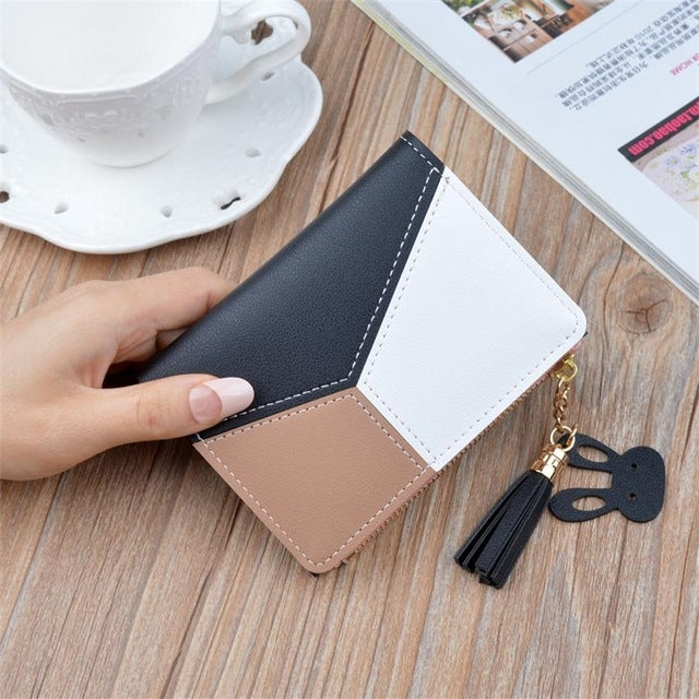 Short Leather Women Zipper Purse Panelled Wallets Trendy Coin Purse, Leather Blue, Leather Black, Leather Pink