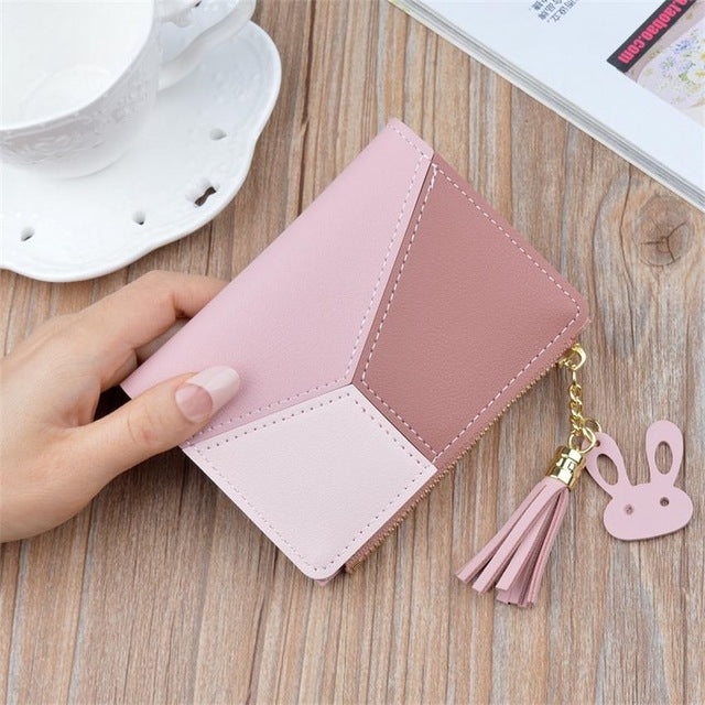 Short Leather Women Zipper Purse Panelled Wallets Trendy Coin Purse, Leather Blue, Leather Black, Leather Pink