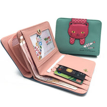 Load image into Gallery viewer, Women Cute Cat Wallet Small Zipper Wallet PU Leather Coin Purse Card Holder, Cat Black, Cat Blue, Cat Green, Cat Pink, Cat Rose Red