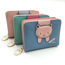 Load image into Gallery viewer, Women Cute Cat Wallet Small Zipper Wallet PU Leather Coin Purse Card Holder, Cat Black, Cat Blue, Cat Green, Cat Pink, Cat Rose Red