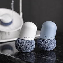 Load image into Gallery viewer, Polyester Cleaning Ball Household Handle Cleaning Brush Kitchen Short Handle Dishwashing Pot Brush, White, Blue, 4 Replacement Heads