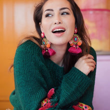 Load image into Gallery viewer, Drop Hairball Earring Handmade Tassel Big Earring Fringed earrings, Green, Pink