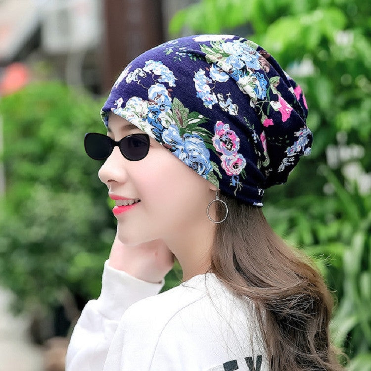 Autumn and Winter Ladies Cotton Flower Print Hat Windproof Warm Beanie
