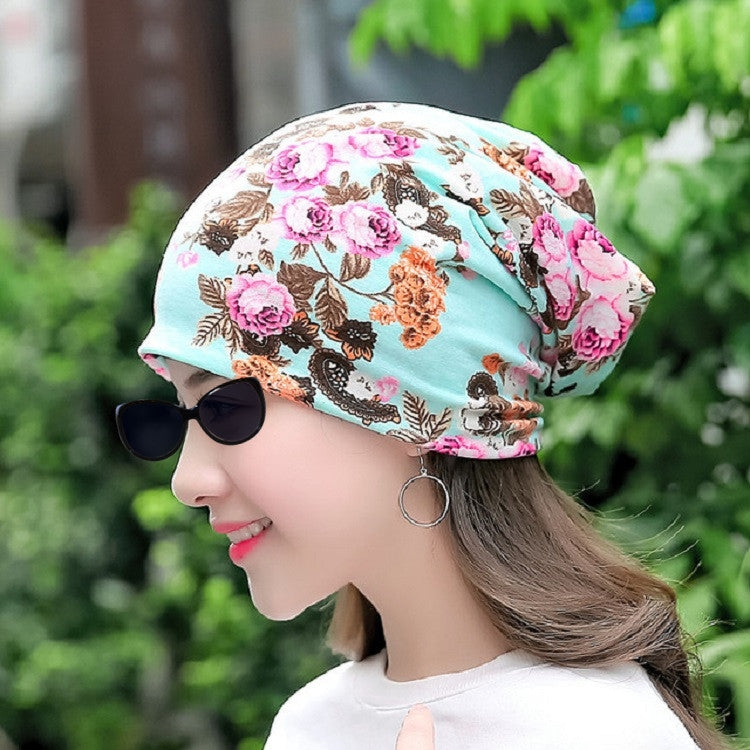 Autumn and Winter Ladies Cotton Flower Print Hat Windproof Warm Beanie