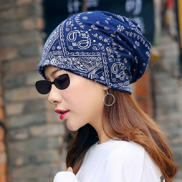 Autumn and Winter Ladies Cotton Flower Print Hat Windproof Warm Beanie