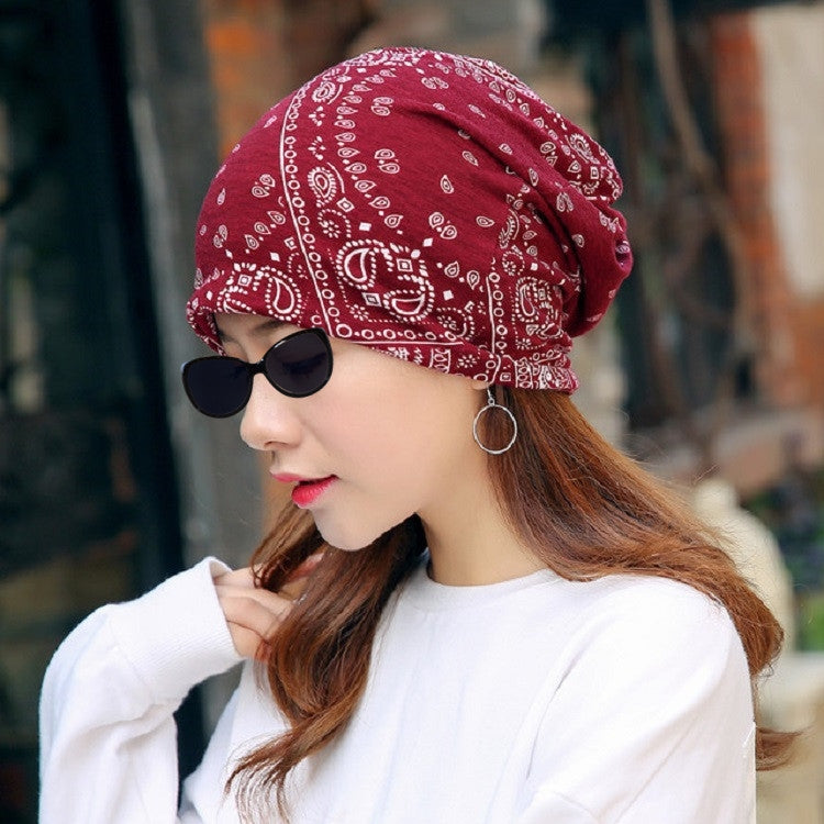 Autumn and Winter Ladies Cotton Flower Print Hat Windproof Warm Beanie