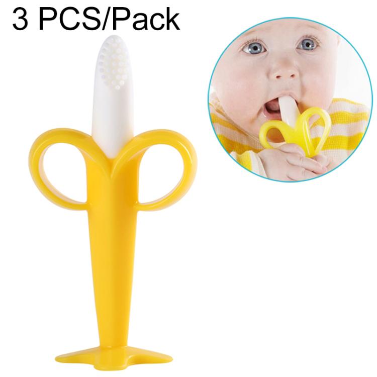3 PCS Baby Silicone Training Toothbrush Banana Shape Safe Toddle Teether Chew Toys Teething Ring Gift for Infant Baby Chewing, Yellow-B