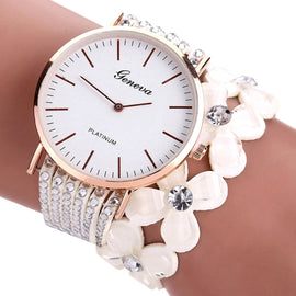 Women Round Dial Flower Diamond Studs Bracelet Watch