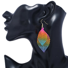 Load image into Gallery viewer, Double-layered Leaves Tassel Earrings Simple Retro Metal Leaf-ears Ornaments, Gold Black, Gold Silver, Blue, Colorful, Pink, Black Purple, Royalblue Yellow, White Black, Green Yellow, Red Black