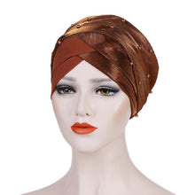 Load image into Gallery viewer, Women Beaded Two-color Turban Hat Bright Silk Cloth Hooded Cap