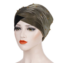 Load image into Gallery viewer, Women Beaded Two-color Turban Hat Bright Silk Cloth Hooded Cap