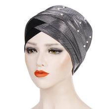 Load image into Gallery viewer, Women Beaded Two-color Turban Hat Bright Silk Cloth Hooded Cap