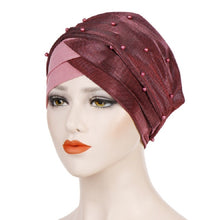 Load image into Gallery viewer, Women Beaded Two-color Turban Hat Bright Silk Cloth Hooded Cap