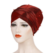 Load image into Gallery viewer, Women Beaded Two-color Turban Hat Bright Silk Cloth Hooded Cap